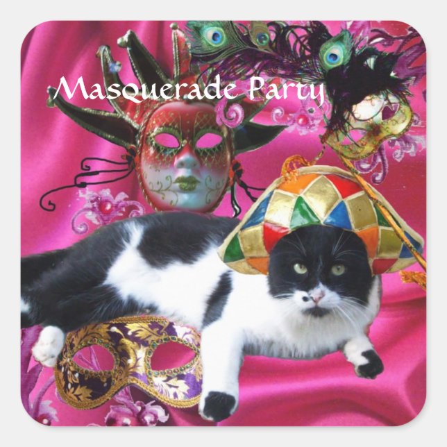 STICKER CARRÉ CHAT AVEC CASQUETTE HARLEQUIN ET MASQUERADE DE FÊT (Devant)