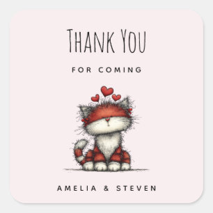 Sticker Carré Chat avec des cœurs d'amour rouges Mignon et drôle