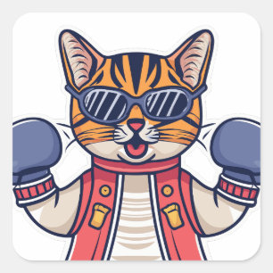 Sticker Carré Chat avec gants de boxe