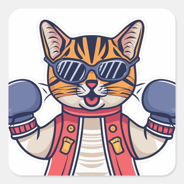 Sticker Carré Chat avec gants de boxe (Devant)