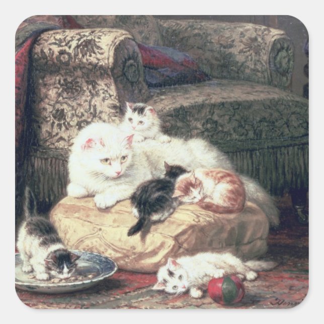 Sticker Carré Chat avec ses chatons sur un coussin (Devant)