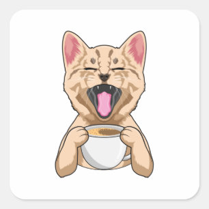 Sticker Carré Chat avec tasse de café
