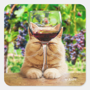 Sticker Carré Chat avec verre de vin