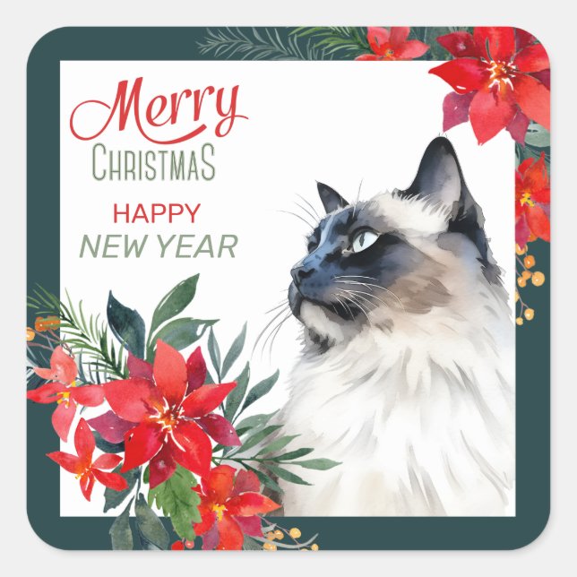 Sticker Carré Chat balinais Poinsettia frontière Noël (Devant)