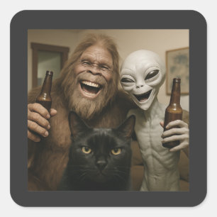 Sticker Carré Chat Bigfoot Alien Selfie Meilleure Amie Photo Drô