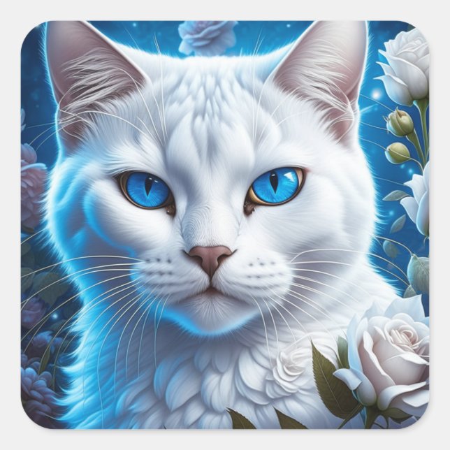 Sticker Carré Chat blanc aux yeux bleu clair Floral (Devant)