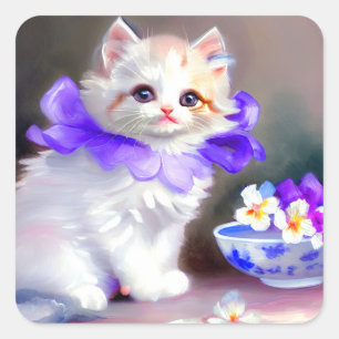 Sticker Carré Chat blanc avec collier de fleurs violettes