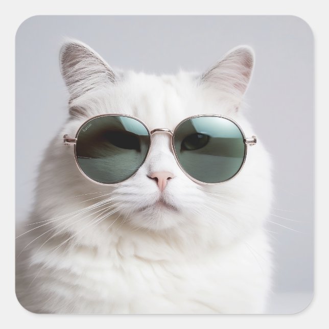Sticker Carré Chat blanc avec lunettes de soleil, félin cool, ch (Devant)