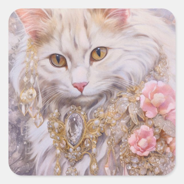 Sticker Carré Chat blanc élégant en or et diamants (Devant)