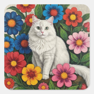 Sticker Carré Chat Blanc Fluffy et Fleurs d'Art Populaire