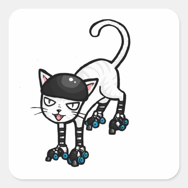 Sticker Carré Chat blanc sur roulettes (Devant)
