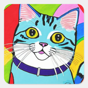 Sticker Carré Chat bleu carton mignon