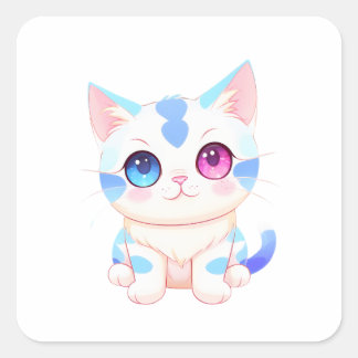 Sticker Carré Chat bleu et rose adorable