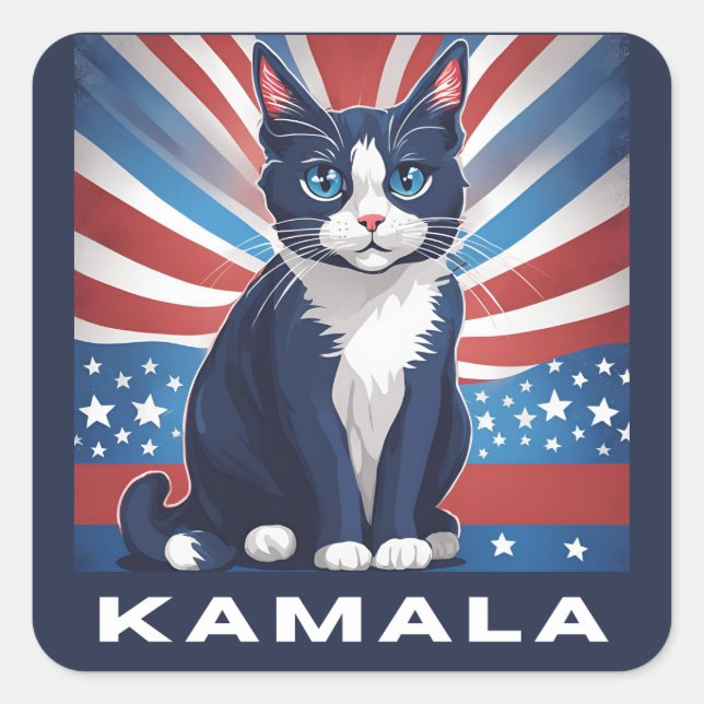Sticker Carré Chat bleu pour Kamala 2024 Démocrate aux élections (Devant)