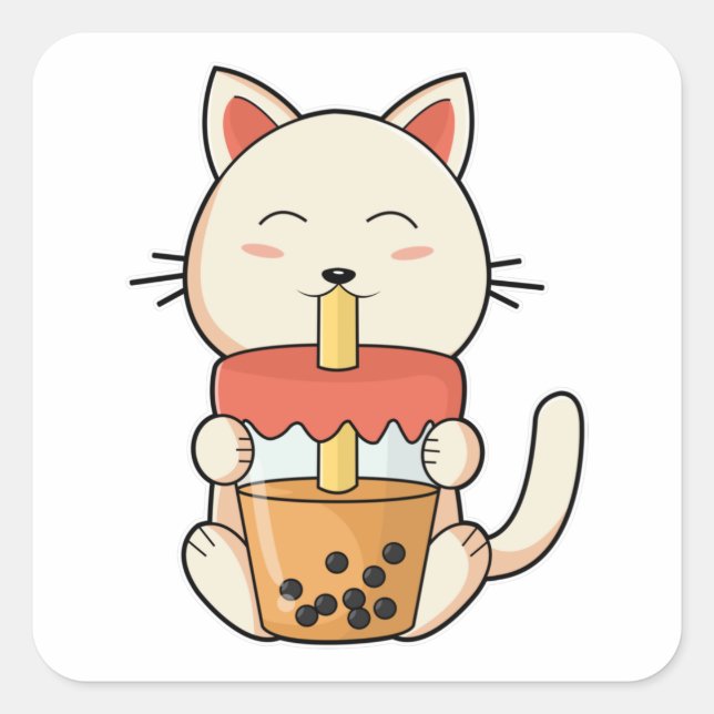 Sticker Carré Chat Boire avec Boire de la paille (Devant)