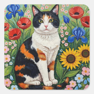Sticker Carré Chat calicot et tournesols d'art populaire