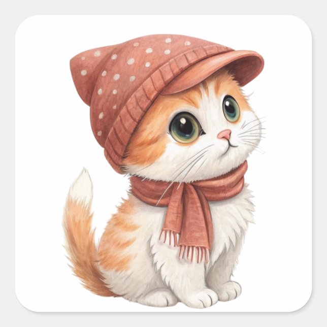 Sticker Carré Chat, Casquette Et Écharpe, Couleur Pastel (Devant)