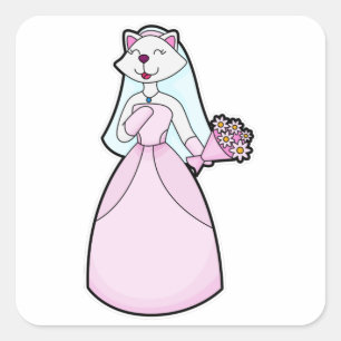 Sticker Carré Chat comme Mariée avec Bunch of Flowers