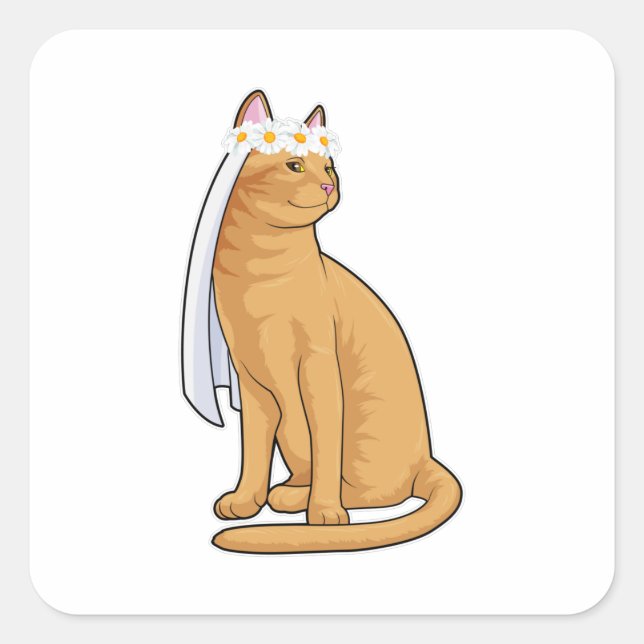Sticker Carré Chat comme mariée avec voile (Devant)