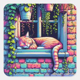 Sticker Carré Chat couché dans la fenêtre Sill Ai Art