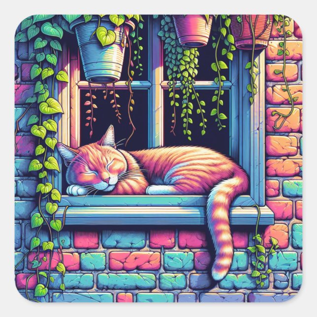 Sticker Carré Chat couché dans la fenêtre Sill Ai Art (Devant)