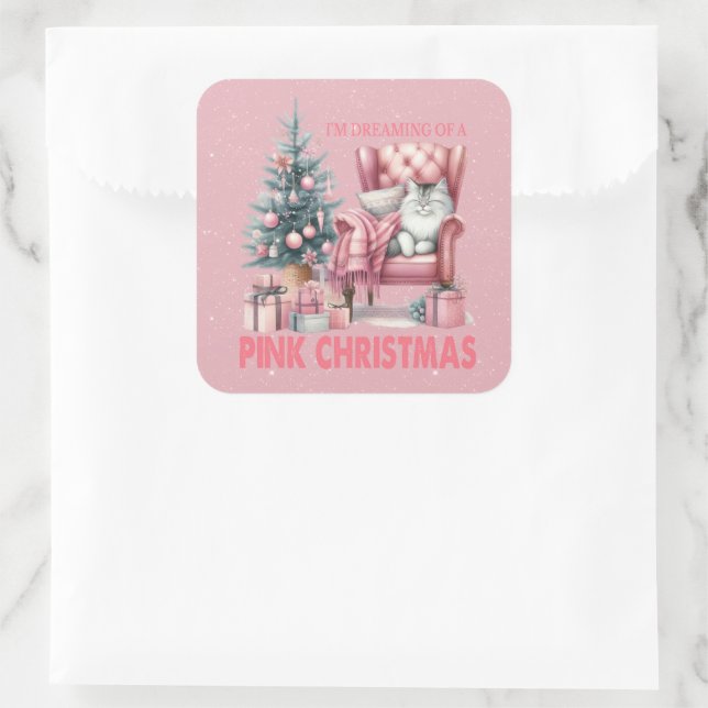 Sticker Carré Chat couché Je rêve d'un Noël rose (Sac)