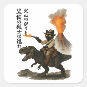 Sticker Carré Chat cowboy noir épique chevauchant un dinosaure a