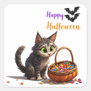 Sticker Carré Chat Curieux Avec Citrouille Remplie De Bonbons 🍂