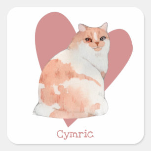 Sticker Carré Chat Cymric Aquarelle Kitty Coeur rose