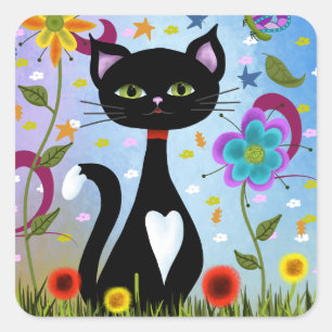 Sticker Carré Chat dans un jardin d'art abstrait
