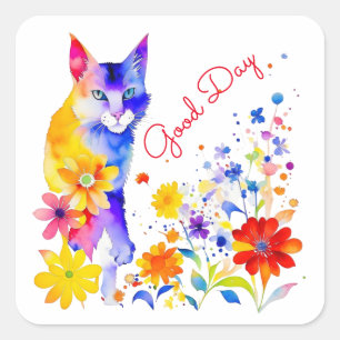 Sticker Carré Chat d'aquarelle et Fleurs Personnalisées Bonne Jo