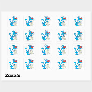 Sticker Carré Chat de dessin animé bleu grincheux tenant une lis