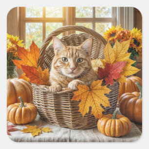 Sticker Carré Chat de gingembre dans le panier d'automne