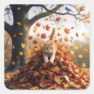 Sticker Carré Chat de gingembre sautant de la feuille d'automne 