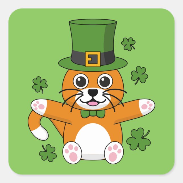 Sticker Carré Chat de la Saint Patrick avec dessin Shamrock (Devant)