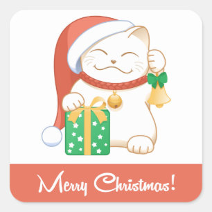 Sticker Carré Chat de Noël blanc dans un Casquette rouge