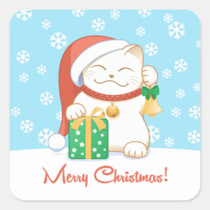Sticker Carré Chat de Noël blanc dans un Casquette rouge