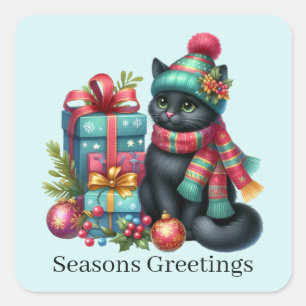 Sticker Carré Chat de Noël Joyeuses Fêtes ajouter du texte
