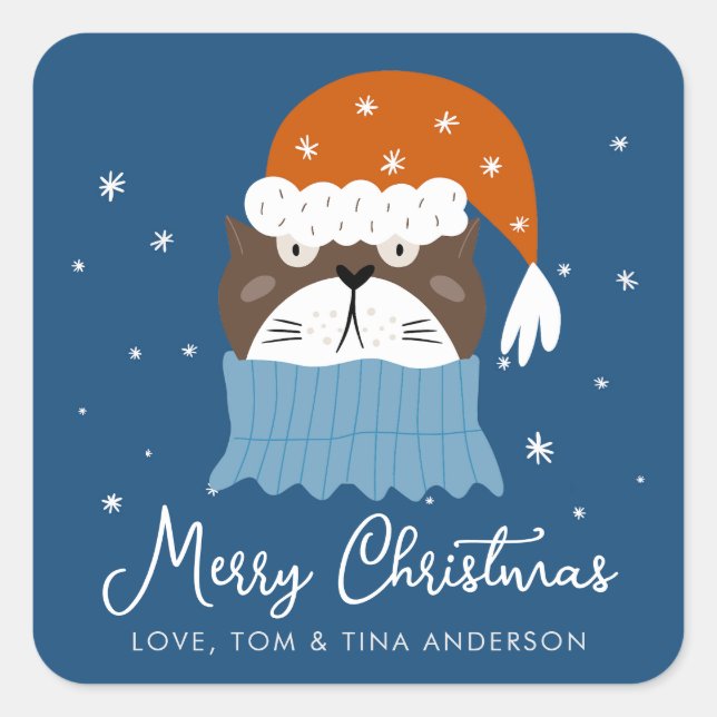 Sticker Carré Chat de Noël mignon à Santa Hat Snowflakes Bleu (Devant)