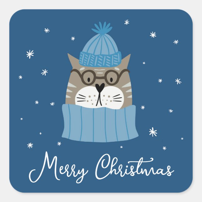 Sticker Carré Chat de Noël mignon en Knits douillets Snowflakes  (Devant)