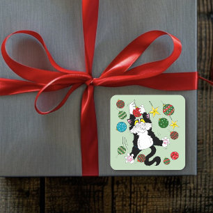 Sticker Carré Chat de Noël noir blanc Tuxedo