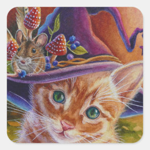 Sticker Carré Chat d'Halloween et souris n° 1 Aquarelle Art