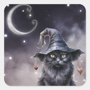 Sticker Carré Chat d'Halloween noir portant un Casquette de sorc