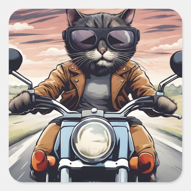 Sticker Carré Chat en moto (Devant)