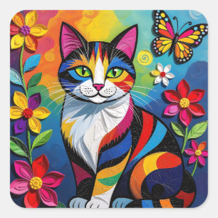 Sticker Carré Chat en papier coloré, fleurs et papillons