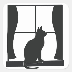 Sticker Carré Chat en Silhouette Assis à la fenêtre