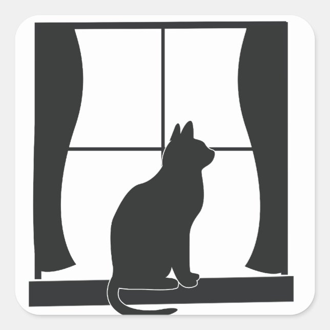 Sticker Carré Chat en Silhouette Assis à la fenêtre (Devant)