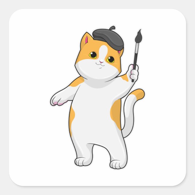 Sticker Carré Chat en tant que Peintre avec pinceau (Devant)