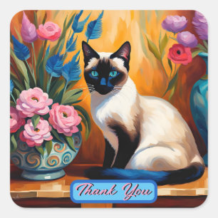 Sticker Carré Chat et Bouquets de Siamese dans Vases Merci