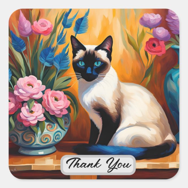 Sticker Carré Chat et Bouquets de Siamese dans Vases Merci (Devant)